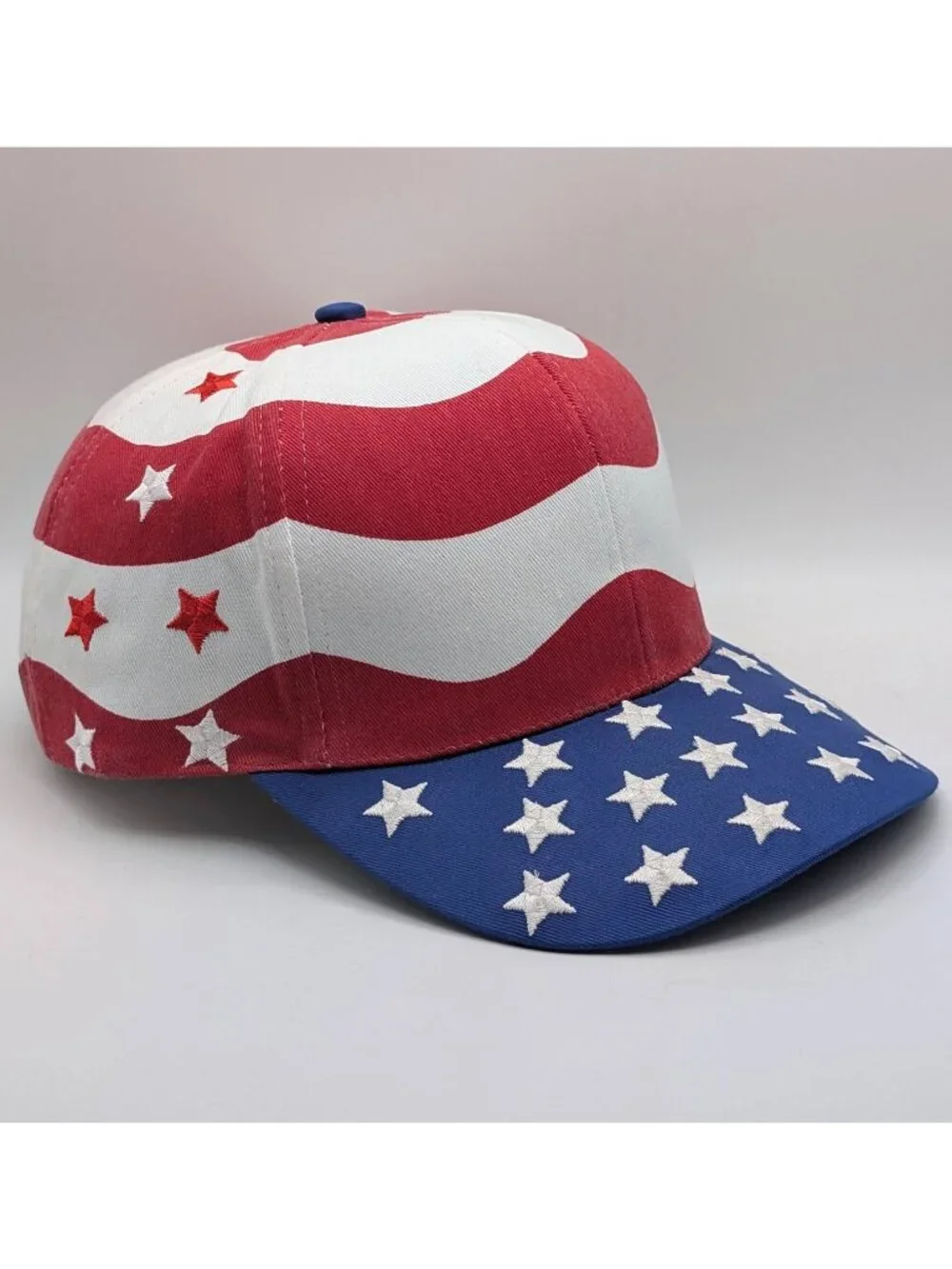 Vintage Nissin Cap USA American Flag Hat Leather Strap Back 80s Trucker Stars